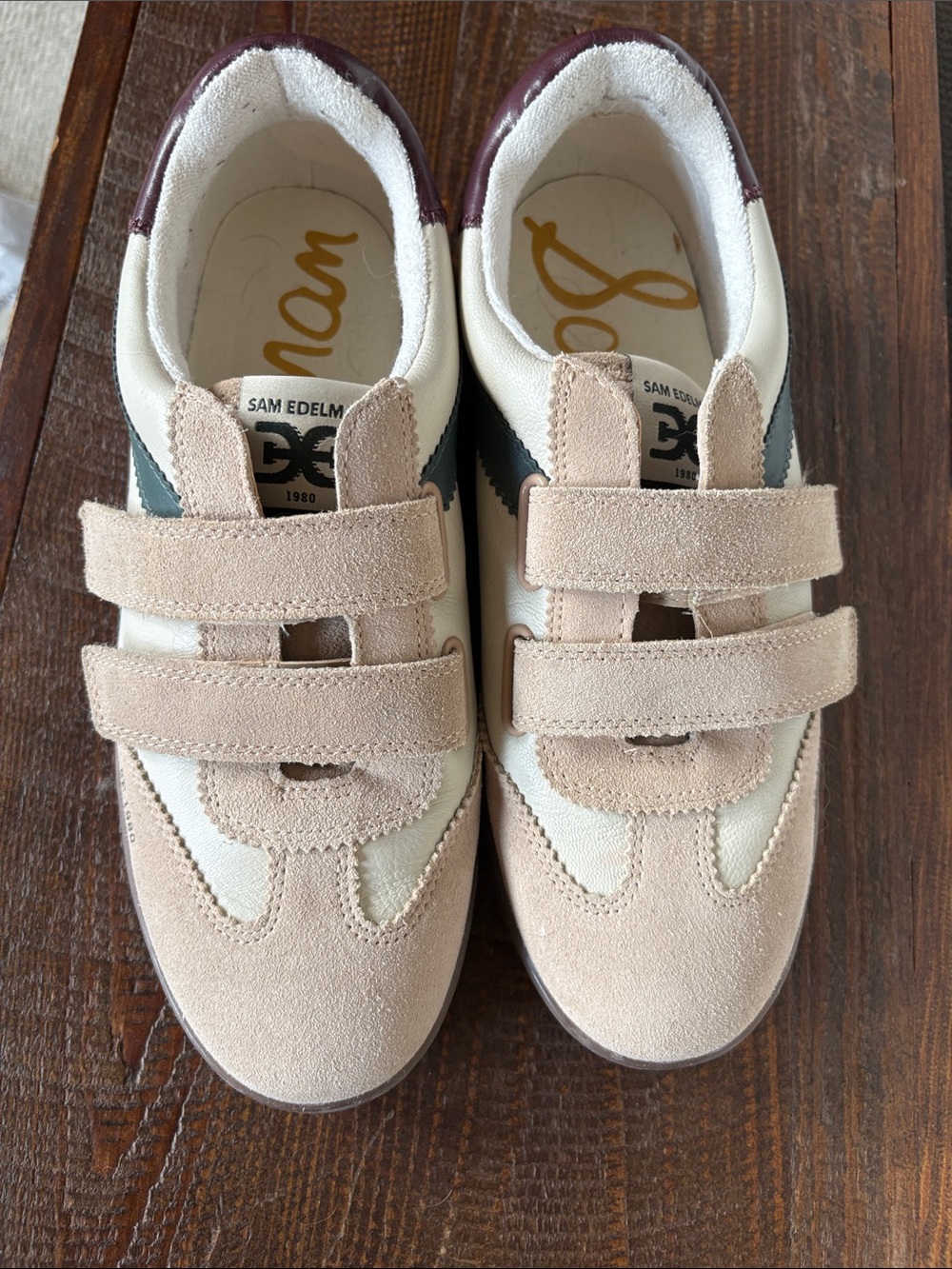 Sam Edelman W’s 9 Beige, White & Green Velcro Sneakers with Burgundy Trim